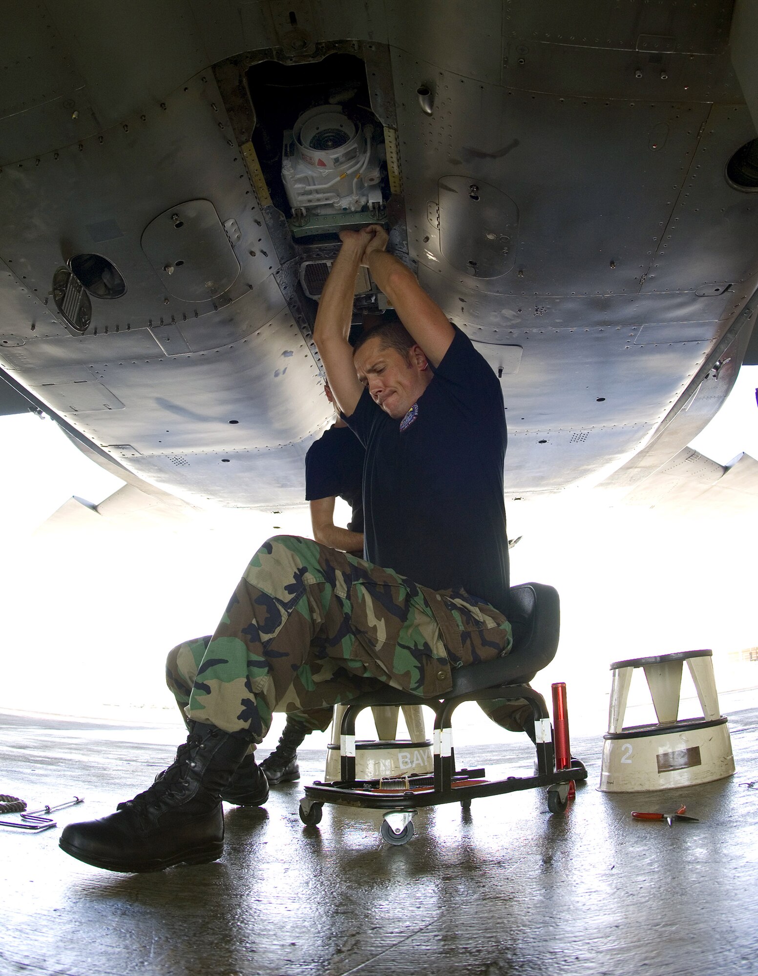 Crew chief Tech. Sgt. Gary Holland works to replace a bad central gear box on an alert F-15 Eagle Oct. 2 to get it back to flying status. Sergeant Holland is a memeber of the 125th Fighter Wing, Det. 1,at Homestead Air Reserve Base, Fla. the detachment provides the Continental NORAD Region commander rapid response to invasions of the sovereign airspace of the U.S. and responds with appropriate defense measures against all hostile actions directed at the people and property of the U.S. (U.S. Air Force photo/Staff Sgt. Bennie J. Davis III) 