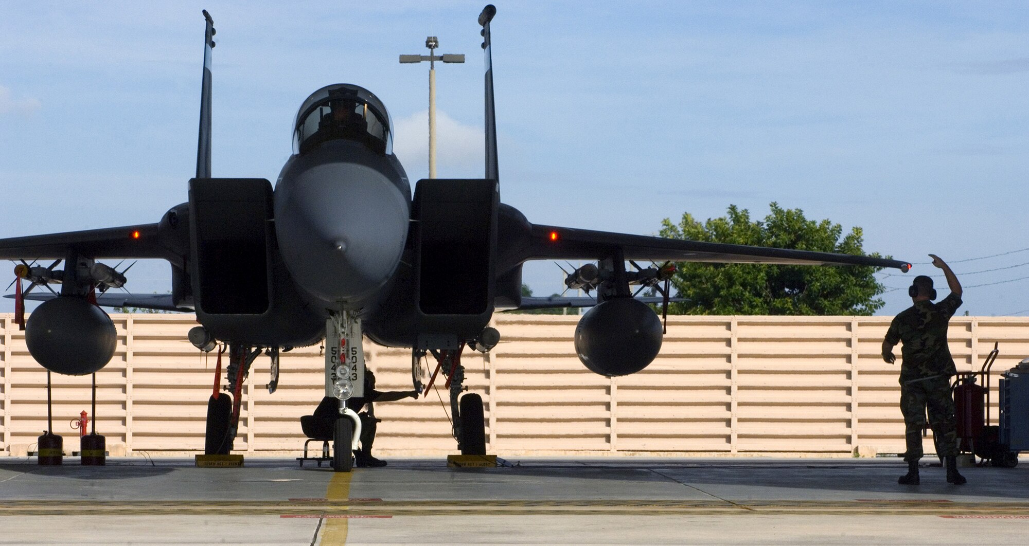 An F-15A Eagle prepares to launch from an alert facility at Homestead Air Reserve Base, Fla., Oct. 3 during a training exercise for Operation Noble Eagle. The 125th Fighter Wing, Det. 1, Eagles are on a 24 hour stand-by, fully loaded with live munitions and can be airborne in minutes. The detachment provides the Continental NORAD Region commander rapid response to invasions of the sovereign airspace of the U.S. and responds with appropriate defense measures against all hostile actions. (U.S. Air Force photo/Staff Sgt. Bennie J. Davis III) 