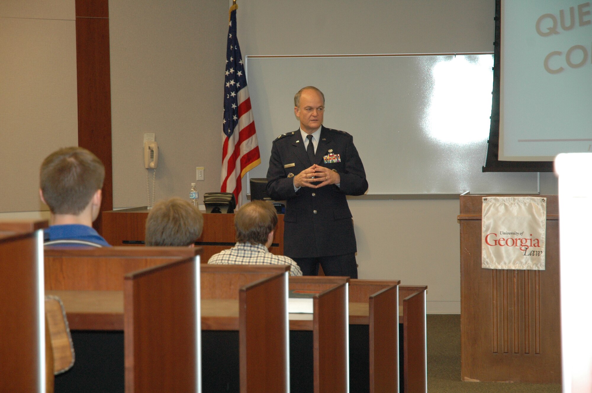 Maj. Gen. Jack L. Rives, the Judge Advocate General of the Air Force, speaks to a group of nearly 75 at the University of Georgia Law School.  General Rives, a UGA alumni, came to the area as part of Air Force Week Atlanta.