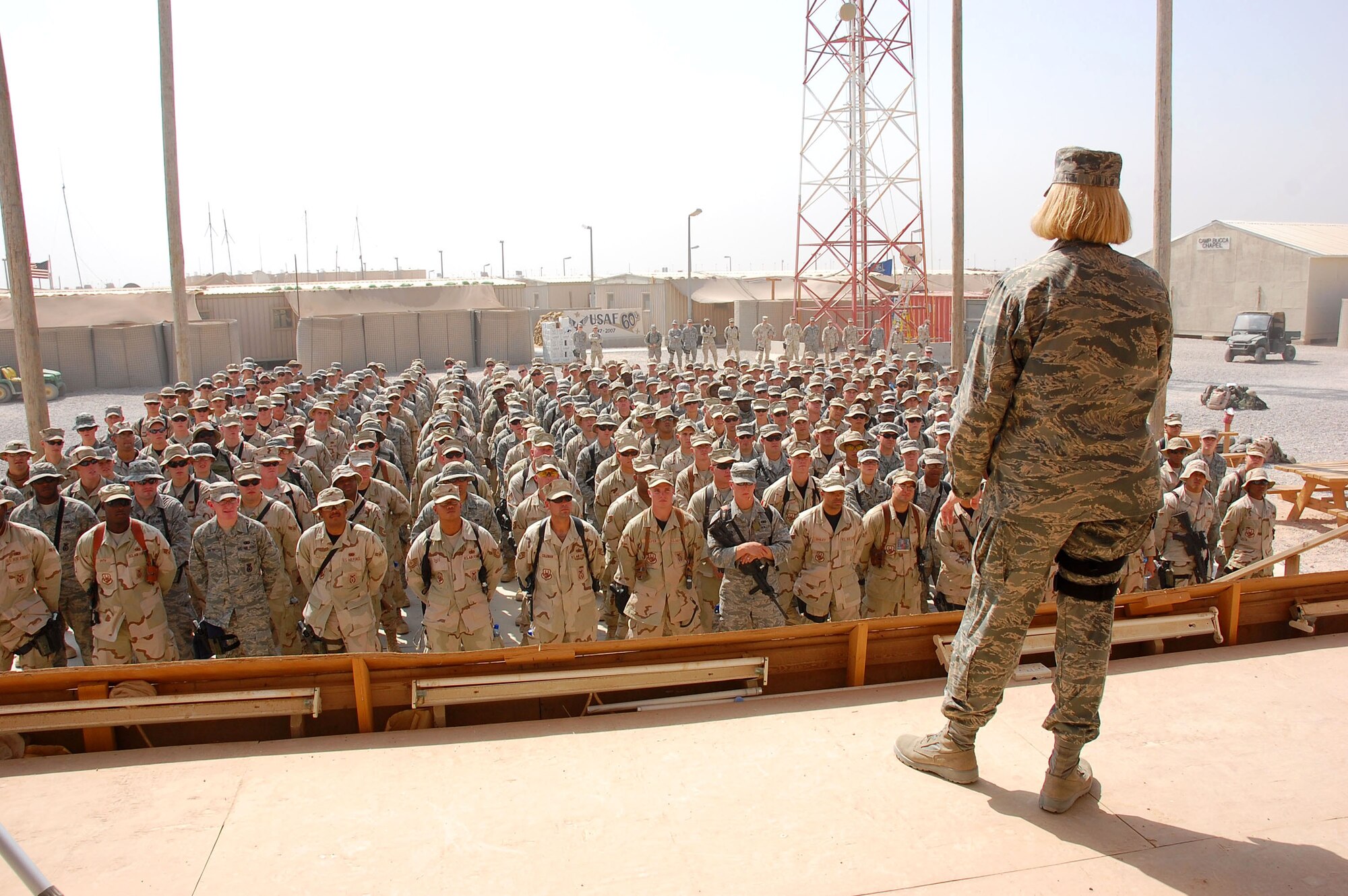 Brig. Gen. Mary Kay Hertog visits with deployed Airmen to discussed deployment tempos, training and the future of the career field Oct. 10 at Camp Bucca, Iraq. General Hertog is the Air Force Security Forces director. (U.S. Air Force photo/Staff Sgt. Tia Schroeder)
