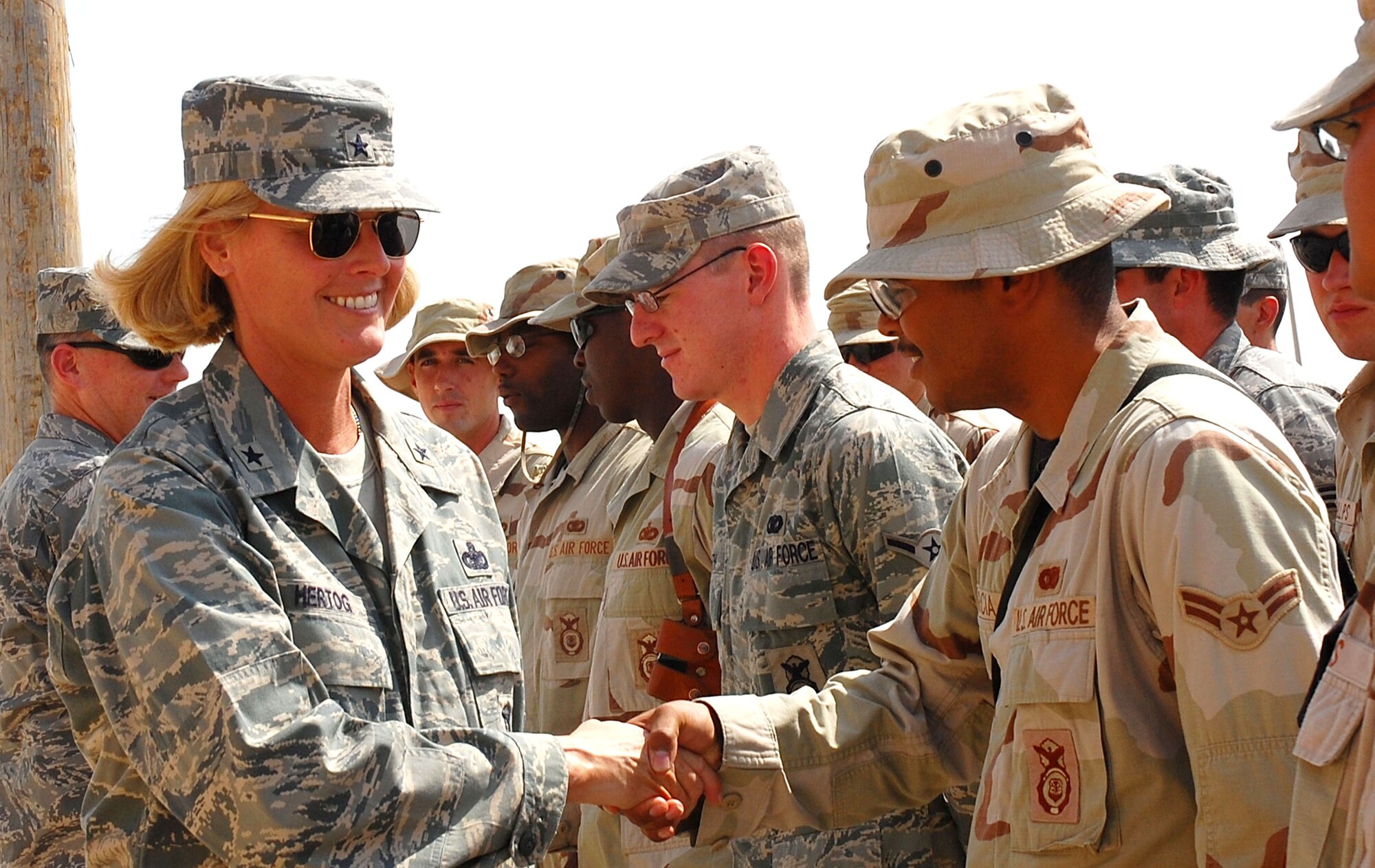 Brig. Gen. Mary Kay Hertog visits with deployed Airmen to discussed deployment tempos, training and the future of the career field Oct. 10 at Camp Bucca, Iraq. General Hertog is the Air Force Security Forces director. (U.S. Air Force photo/Staff Sgt. Tia Schroeder)
