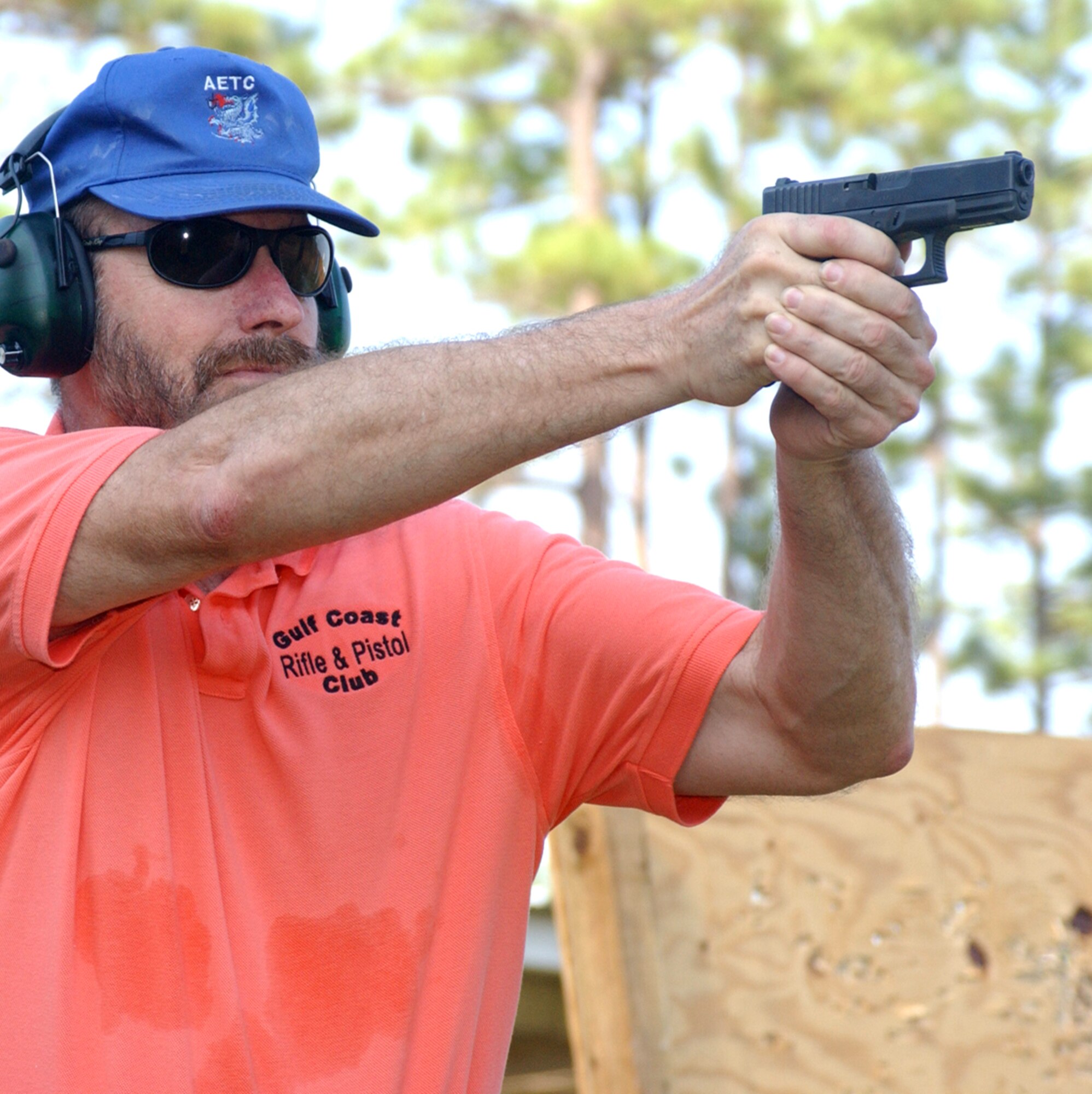 Hablitzel practices with his Glock 45 at the club’s firing range on Highway 67 about six miles north of I-10.  (U.S. Air Force photo by Airman David Salanitri)