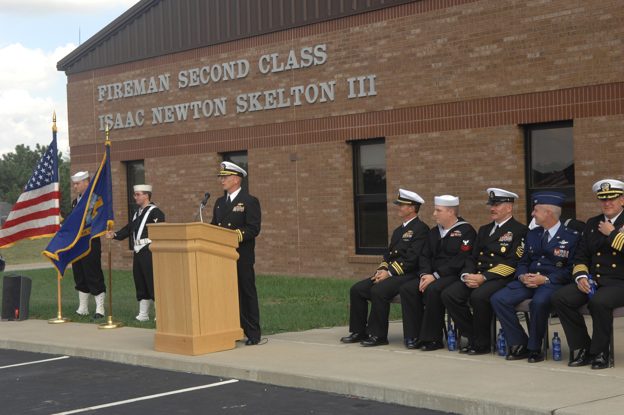 Whiteman Air Force Base, Mo. – Cmdr. Stephen Lee, United States Navy, Mobile Inshore Undersea Warfare Unit 114, talks about the past accomplishments of MIUWU-114 Oct. 6. The MIUWU-114 is being decommissioned and will be re-commissioned as a security unit. (U.S. Air Force photo/Airman 1st Class Cory Todd)