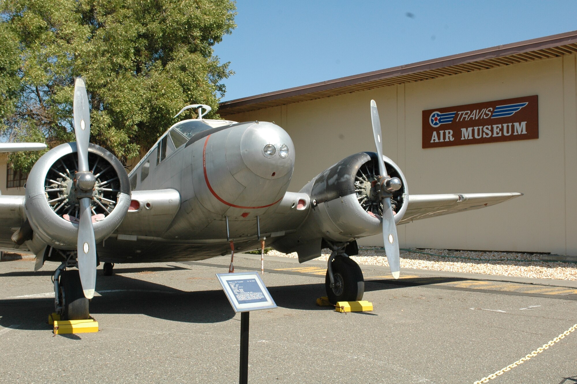 The Beech C-45H “Expeditor” sits in front of the Jimmy Doolittle Air and Space Museum at Travis. The C-45 is one of eight transport plans in the museum’s collection of aircraft. (U.S. Air Force photo/Nick DeCicco)