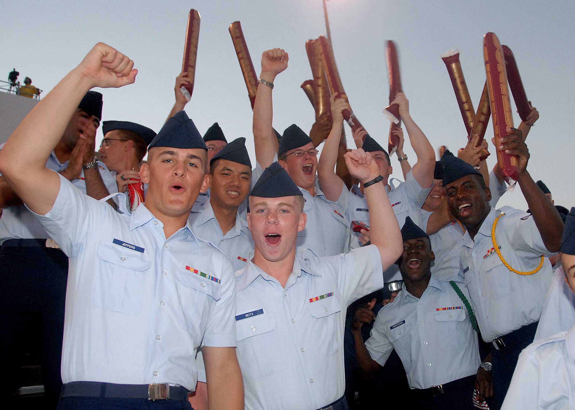 Airmen from Sheppard Air Force Base, Texas, show their support for the Midwestern State University Mustangs Oct. 6 during their game agains West Texas A&M. Military members from Sheppard and Fort Sill were honored during MSU's Salute to the Military at Memorial Stadium. (U.S. Air Force photo/Mike Litteken)