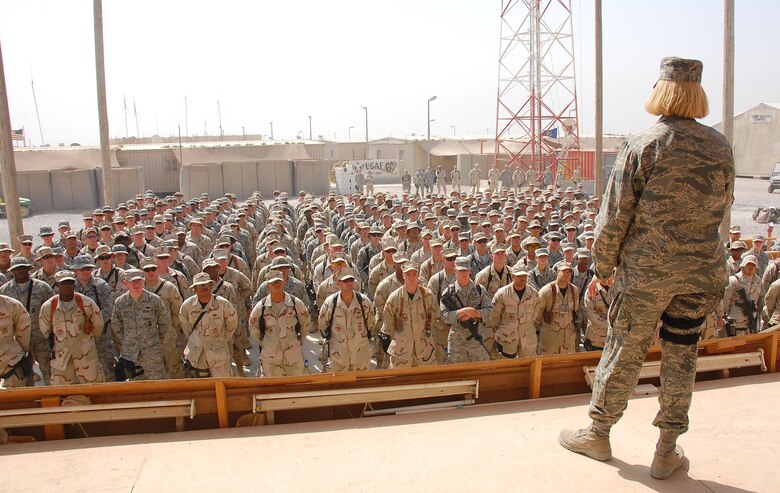 SOUTHWEST ASIA -- Brig. Gen. Mary Kay Hertog, Air Force security forces director, visits with deployed Airmen at Camp Bucca, Iraq, Oct. 10.  Brig. Gen. Hertog discussed deployment tempos, training and the future of the career field (U.S. Air Force photo/Staff Sgt. Tia Schroeder)