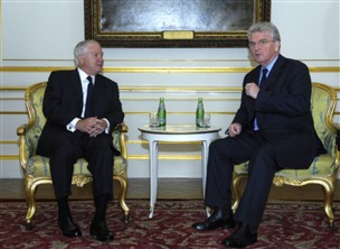 U.S. Defense Secretary Robert M. Gates and British Secretary of State for Defense Des Browne meet in London to discuss defense issues, Oct. 11, 2007.  