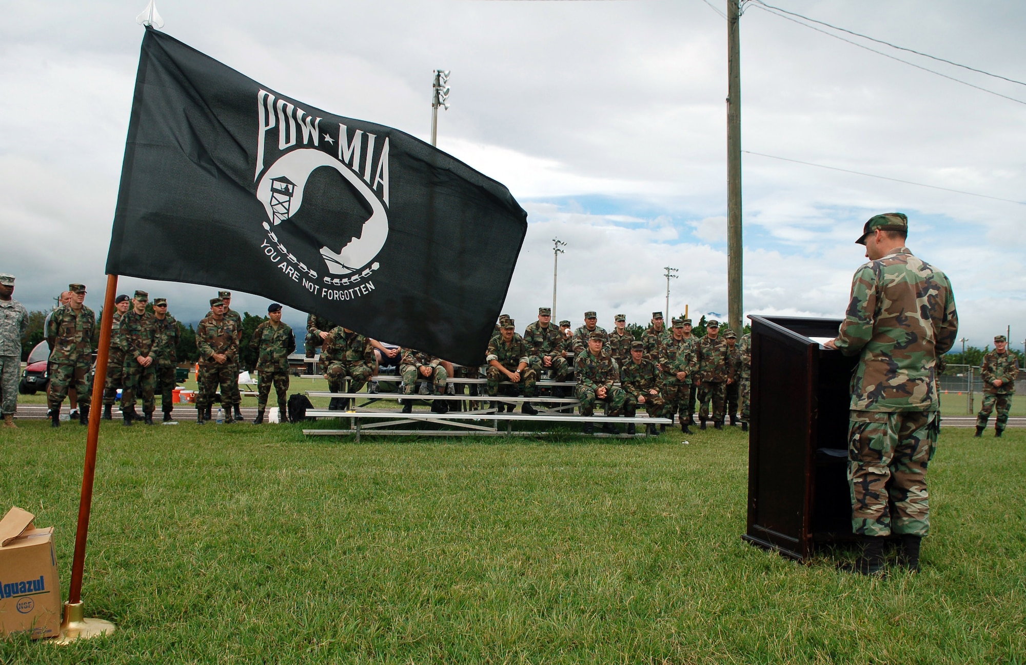 SOTO CANO AIR BASE, Honduras – Following the completion of a 24-hour Prisoner of War/Missing in Action Remembrance Run, Air Force Col. Howard Jones, Joint Task Force-Bravo deputy commander, delivers a speech explaining the importance of remembrance.  A total of approximately 170 participants ran in mostly 15-minute intervals for 24 hours to show support for their fellow servicemembers who have been listed as POW/MIA.  (U.S. Air Force photo by Staff Sgt. Austin M. May)