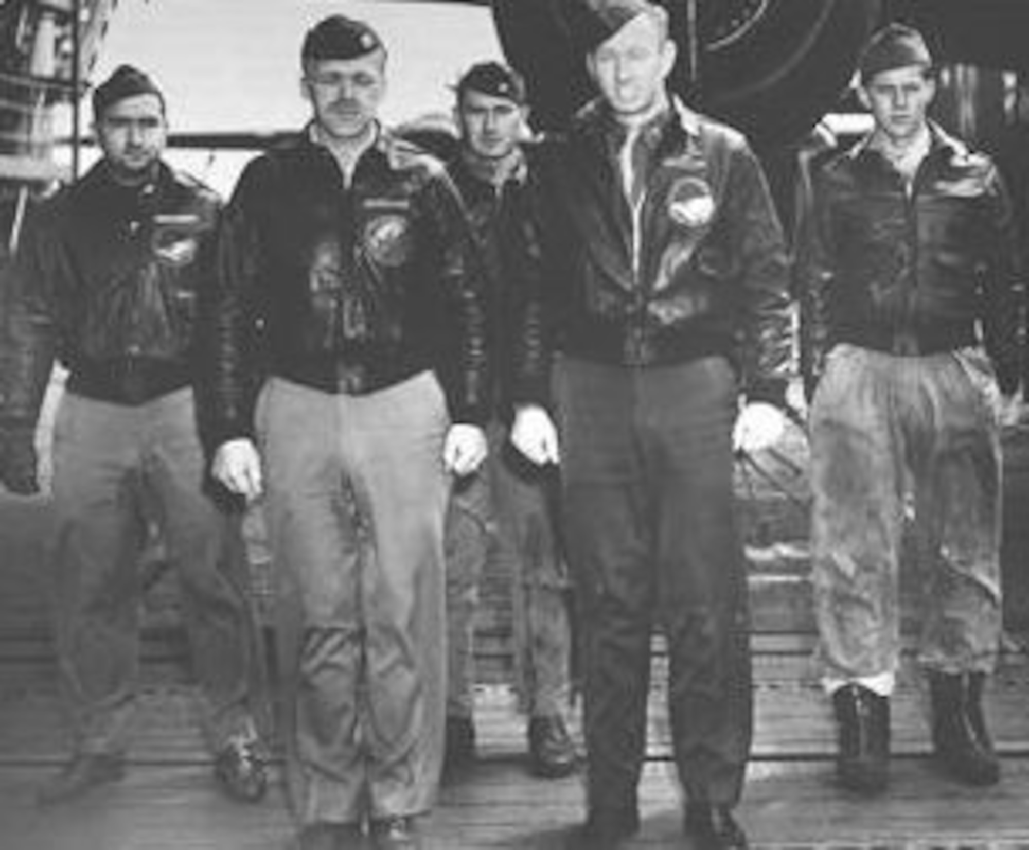 Former Lt. Nolan A. Herndon, a member of the famed Doolittle Raiders, died of pneumonia Oct. 8 at the age of 88. The lieutenant was a navigator-bombardier on one of the B-25 bombers that took off from an aircraft carrier on April 18, 1942, to strike targets in Japan. He was a member of Crew No. 8, shown in this historical photo: front row: Capt. Edward J. York, pilot; Lt. Robert G. Emmens, copilot; back row: Lt. Nolan A. Herndon, navigator/bombardier; SSgt. Theodore H. Laban, flight engineer; Sgt. David W. Pohl, gunner. (U.S. Air Force photo)
