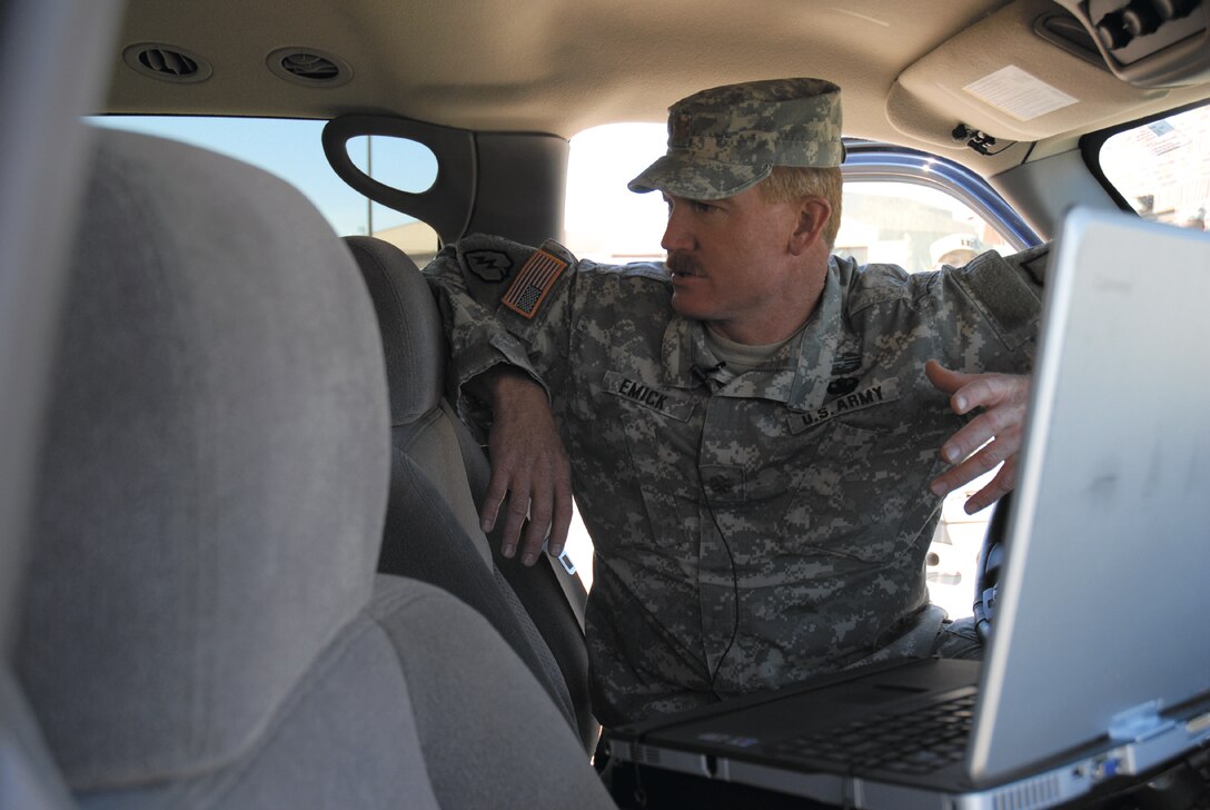 Maj. Emick, South Dakota National Guard, explains the intricacies of the 82nd Weapons of Mass Destruction Civil Support Team’s go-vehicle. Members of the 22-person team will be housed on Ellsworth AFB and broke ground on their facility Oct. 11. (US Air Force Photo by Capt Martha Petersante-Gioia)