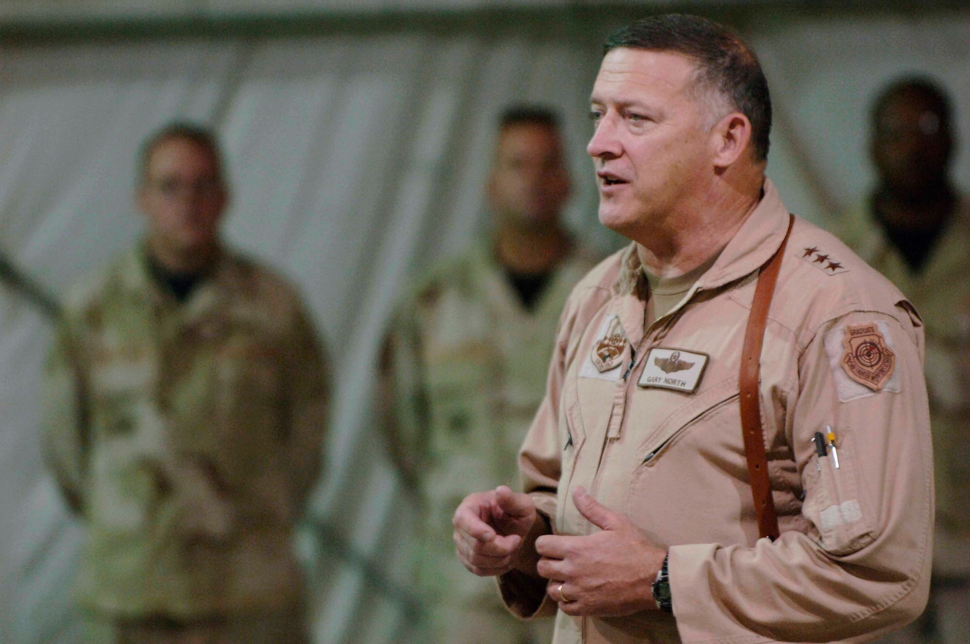 Lt. Gen. Gary L. North speaks to Airmen during his visit to Bagram Airfield, Afghanistan, Oct. 8. General North is the commander, 9th Air Force and U.S. Central Command Air Forces. (U.S. Air Force photo/Staff Sgt. Joshua T. Jasper)
