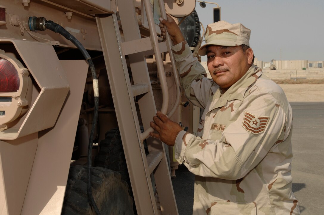 Technical Sgt. Miguel Casarez of the 407th Expeditionary Logistics Readiness Squadron, Oct. 4 at Ali Air Base, Iraq. Sergeant Casarez is a deployed member of the Texas Air National Guard’s 149th Fighter Wing’s Logistics Readiness Squadron in San Antonio. (U.S. Air Force photo/Airman 1st Class Jonathan Snyder)