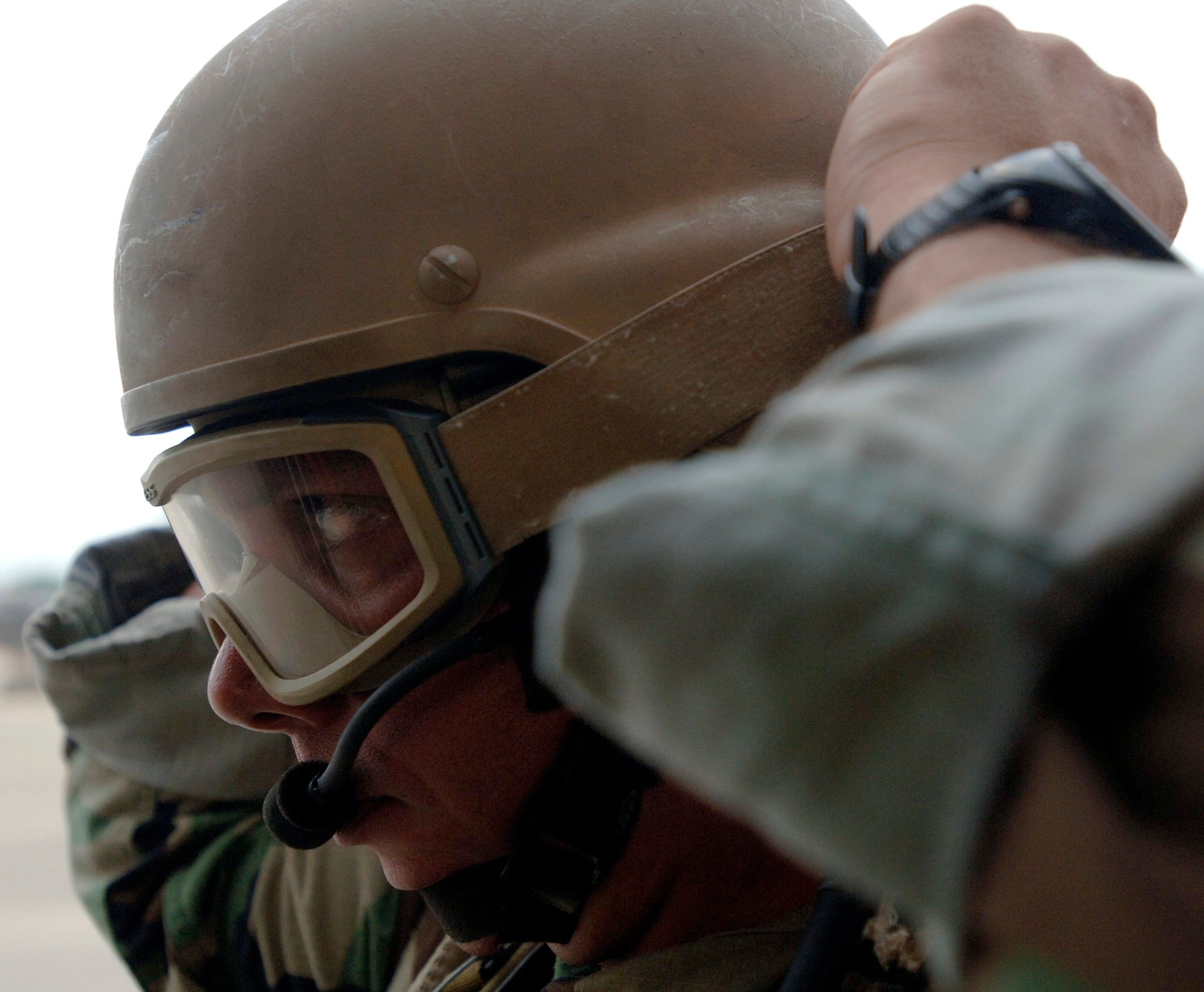 Pararescuemen Master Sgt. John Shiman prepares for a simulated rescue of a downed pilot as part of an Air Force Week Atlanta event Oct. 9 at Marietta High School in Marietta, Ga. The event helped to educate students about the U.S. Air Force. (U.S. Air Force photo/Staff Sgt. Bennie J. Davis III) 
