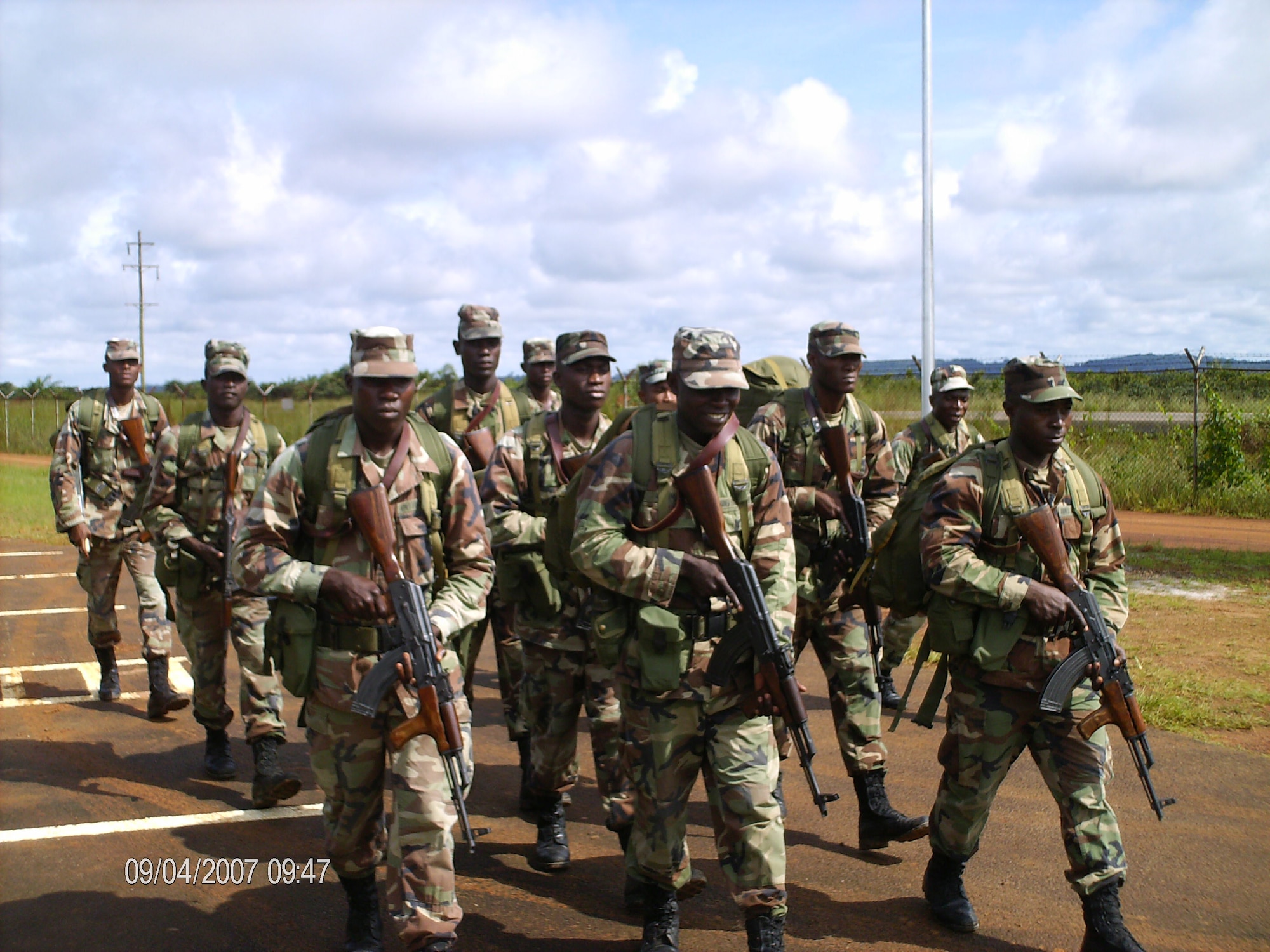 Liberian soldiers practice basic infantry skills. Senior Master Sgt. Marvin Howell IV, 48th Fighter Wing Medical Group is training 19 Liberian medics to care for more that 600 Liberian soldiers. (U.S. Air Force photo)