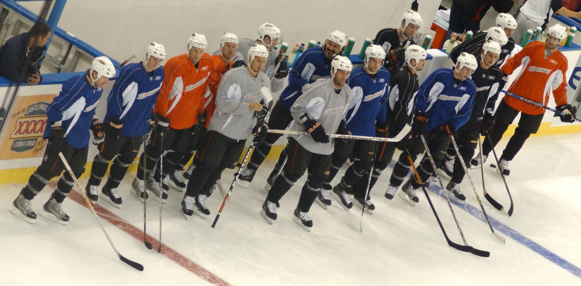 Stanley Cup champions the Anaheim Mighty Ducks get ready to practice for their season opener against the L.A. Kings at the O2 Arena in London, Sept. 28, 2007. (U.S Air Force photo by Airman Brad Smith)                               