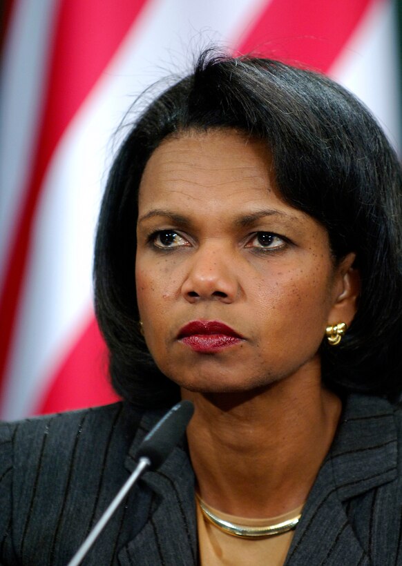 U.S. Secretary of State Condoleezza Rice listens to a translation during a press briefing after closed door meetings in Moscow, Oct. 12, 2007.  