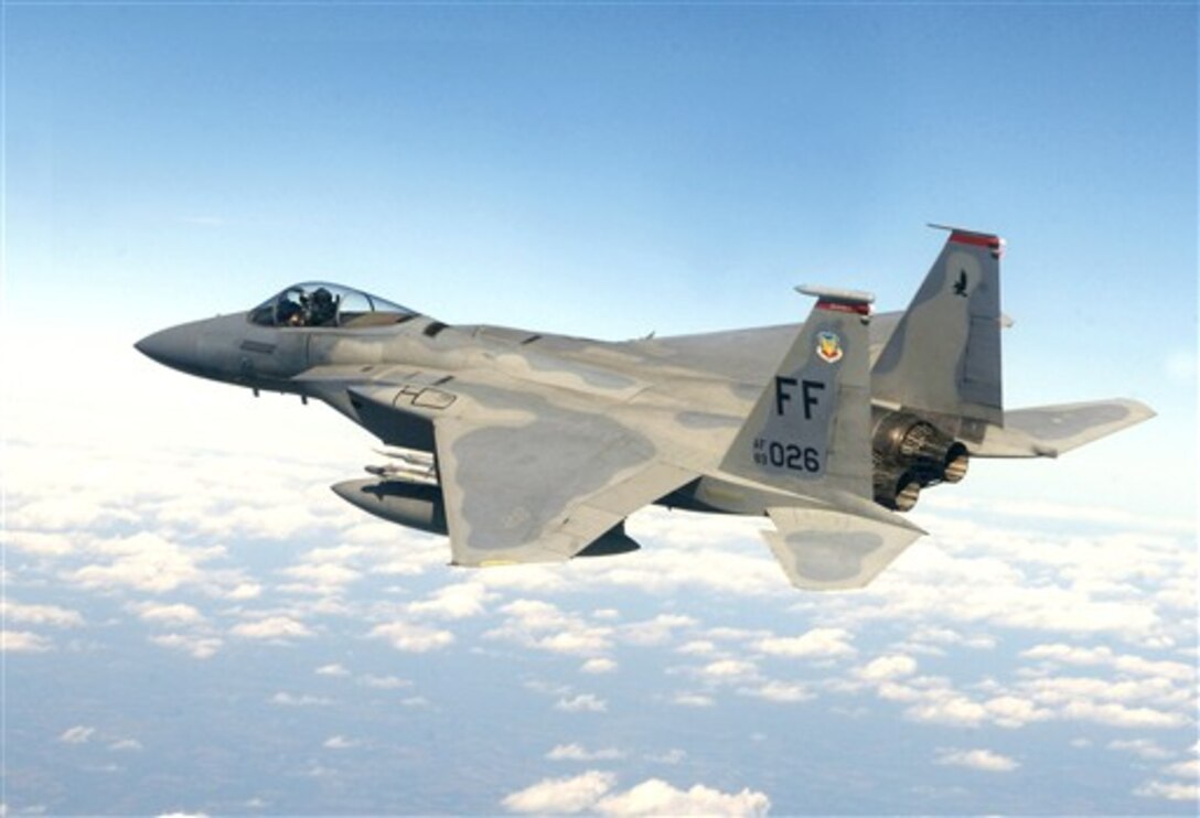U.S. Air Force Capt. Matt Buckner, an F-15 Eagle aircraft pilot assigned to the 71st Fighter Squadron out of Langley Air Force Base, Va., flies a combat air patrol mission in support of Operation Nobel Eagle over Washington, D.C., Oct .7, 2007. 