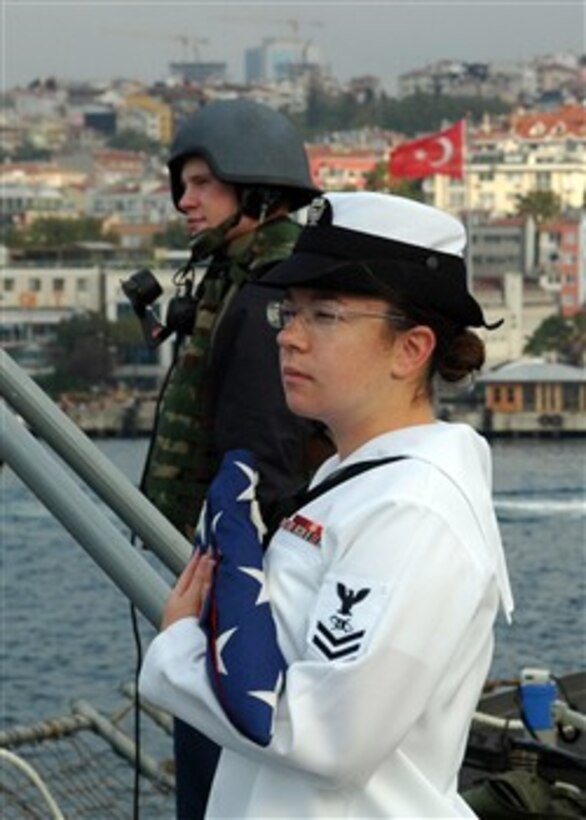 Sailors aboard amphibious command ship USS Mount Whitney prepare to get under way in Instanbul, Turkey, Oct. 11, 2007. The flagship is hosting the embarked staff of U.S. 6th Fleet while they undergo Joint Forces Maritime Component Command training to gear up for their Joint Task Force recertification next summer with Austere Challenge 08.