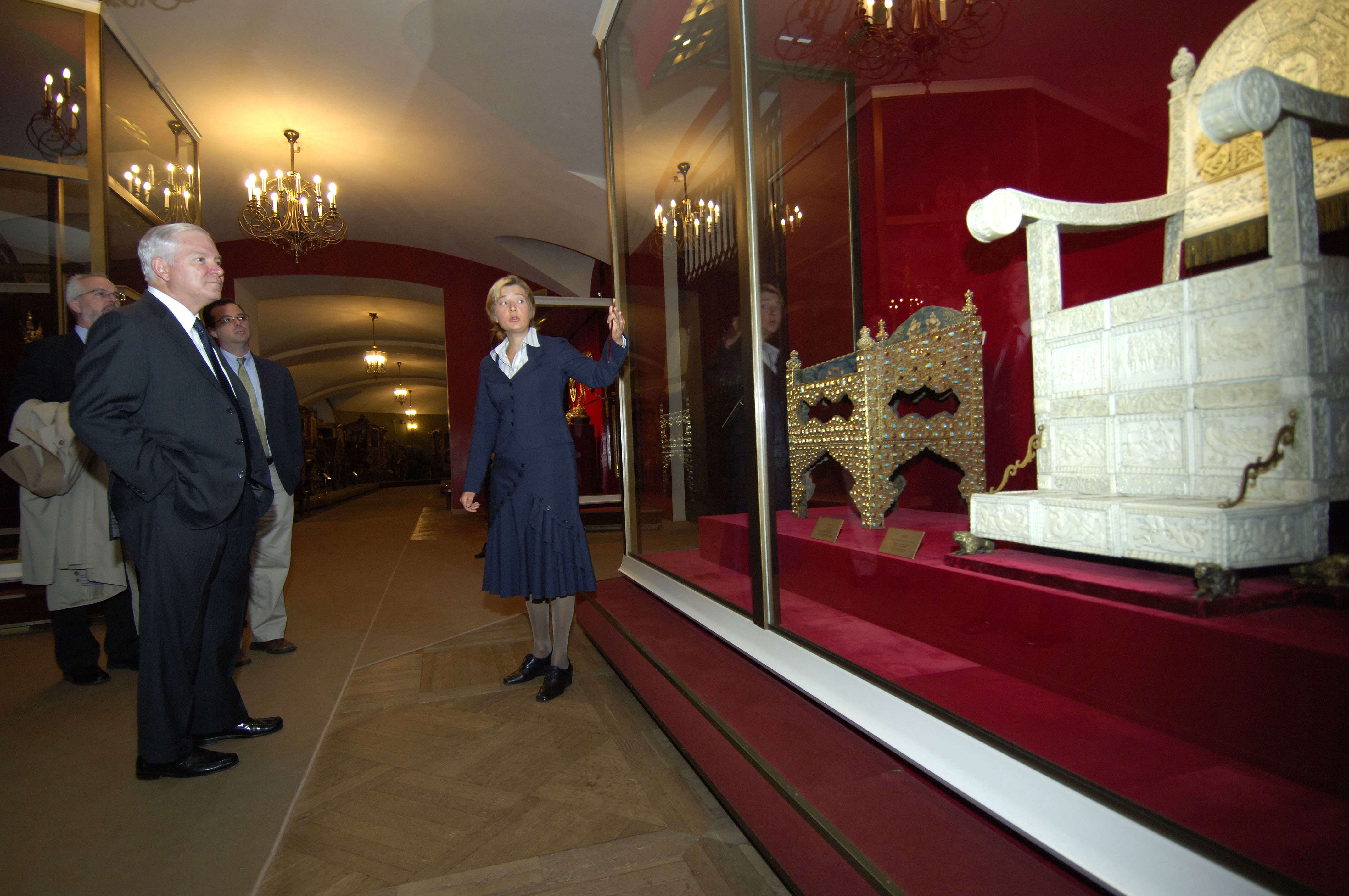 Secretary Of Defense Robert M Gates Looks At Antique Thrones As He Takes A Tour Of