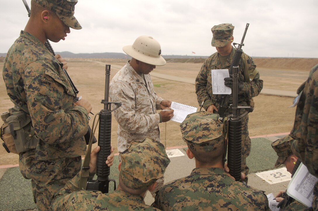 Sgt. Humberto Bringas-Trejo, range coach, Weapons and Field Training Bn., Edson Range, instructs recruits how to plot their shots fired and track adjustments made to their rifle sites in their data book. The data book is a crucial element used during rifle qualification and makes the difference between good and better shooting.