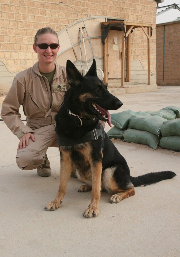 Sgt. Jaimi Diaz, a dog handler with Task Force Military Police, poses for a photograph with her dog, Darrah. Diaz is currently the kennel master in Al Qaim, Iraq, and is running patrols with 1st Battalion, 4th Marine Regiment.