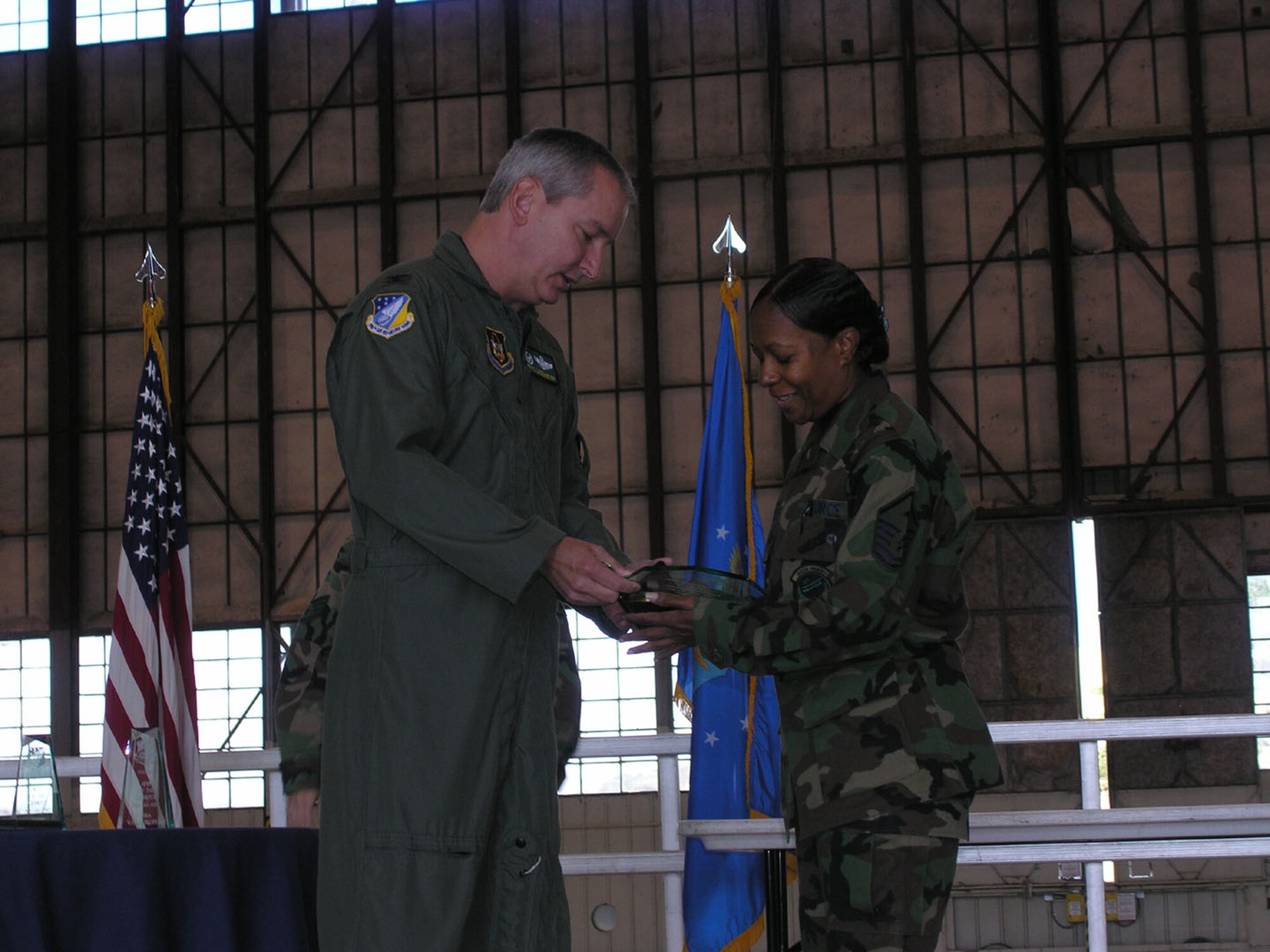SEYMOUR JOHNSON AIR FORCE BASE, N.C.--Master Sgt. Carla Sanders receives the First Sergeant Award for the 916th Air Refueling Wing, Air Force Reserve. The award was presented during a wing commander's call formation during the October unit training assembly and presented by Col. Fritz Linsenmeyer, wing commander.