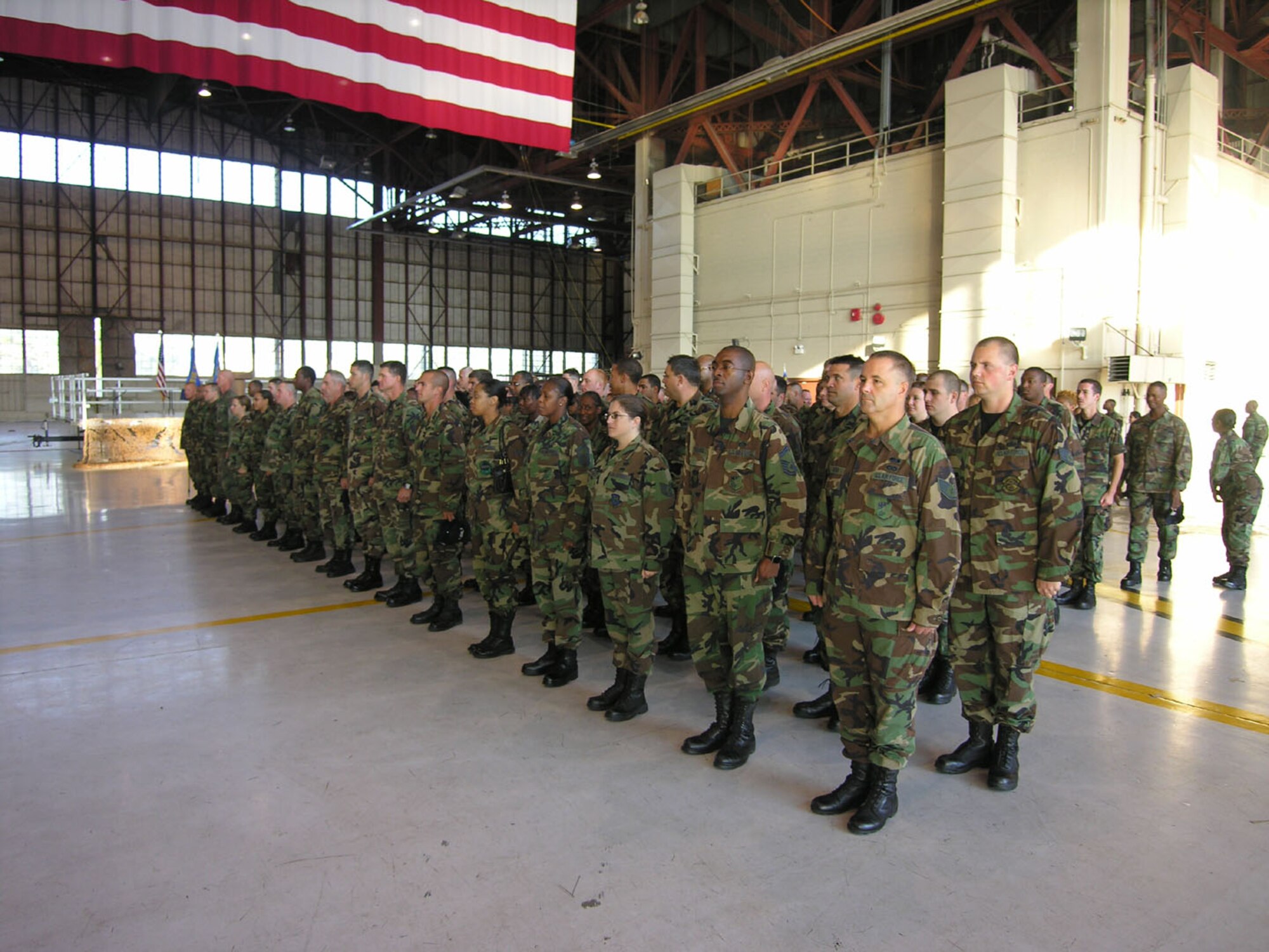 SEYMOUR JOHNSON AIR FORCE BASE, N.C.--Members of the 916th Air Refueling Wing Missioin Support Group stand ready to participate in the October drill weekend's commander's call.
