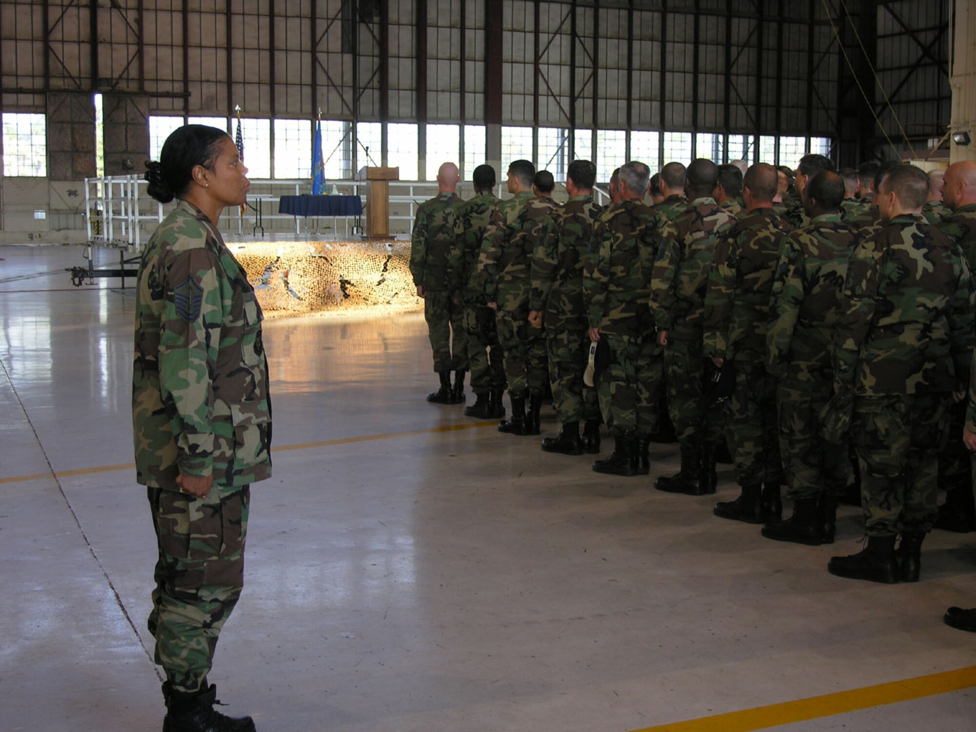 SEYMOUR JOHNSON AIR FORCE BASE, N.C.--First Sergeant Hazel Proctor prepares her troops for a rare commander's call formation. The 916th Air Refueling Wing held a standup formation for it's more than 900 reservists during the October unit training assembly. Col. Fritz Linsenmeyer, wing commander, presented awards and provided information to the reservists from a command level.