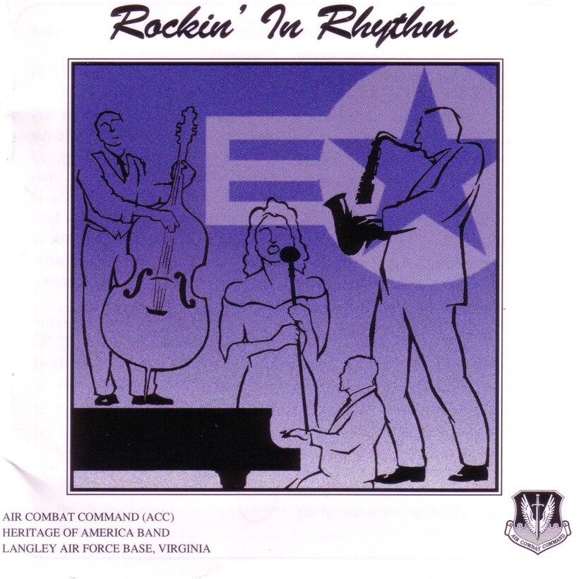 Album / CD Cover of USAF Heritage of America Band 1995 recording entitled Rockin' in Rhythm and featuring the Rhythm in Blue Jazz Ensemble.