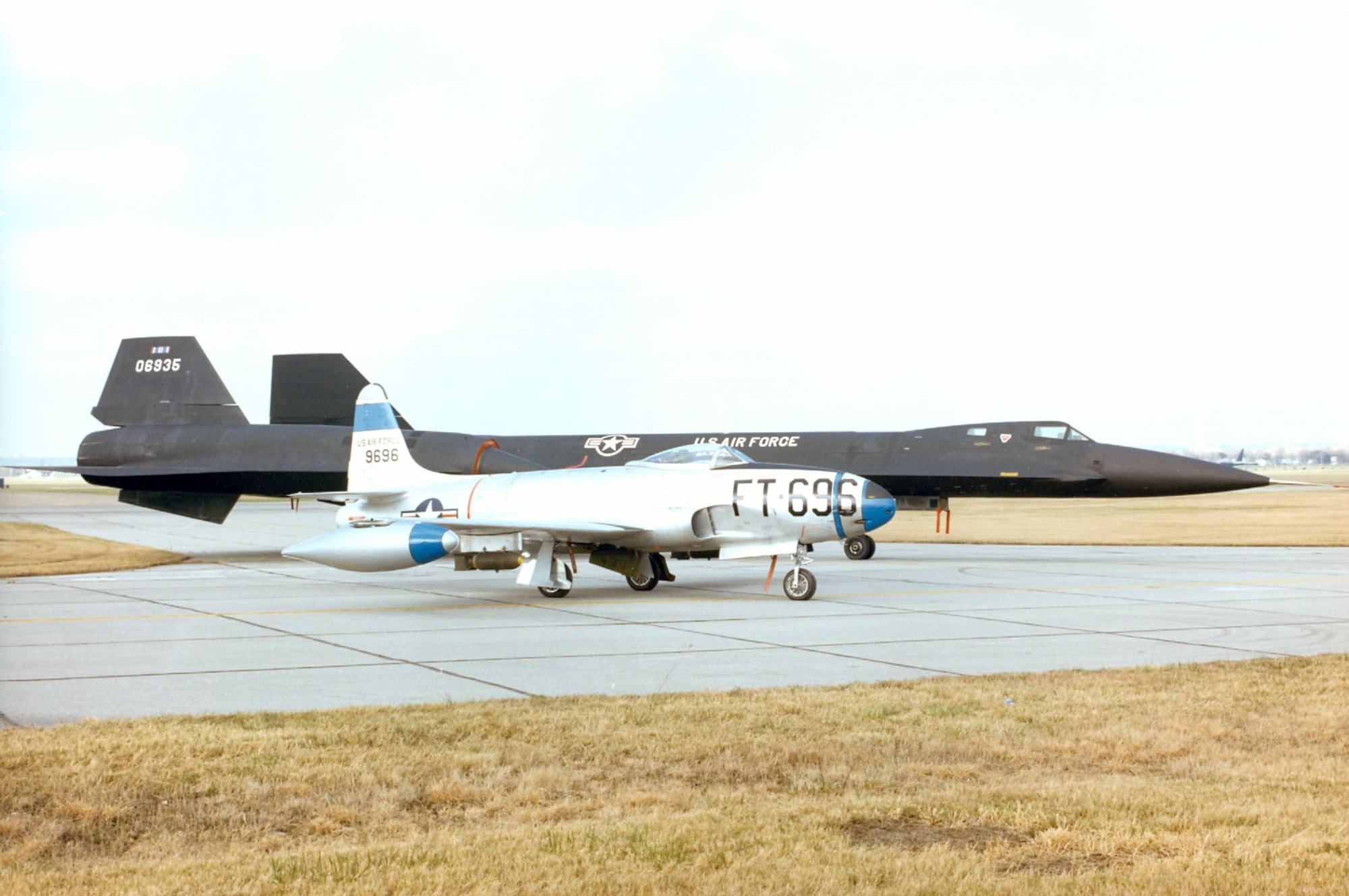 DAYTON, Ohio -- Size contrast between the Lockheed F-80C (front) and the Lockheed YF-12A at the National Museum of the United States Air Force. (U.S. Air Force photo)