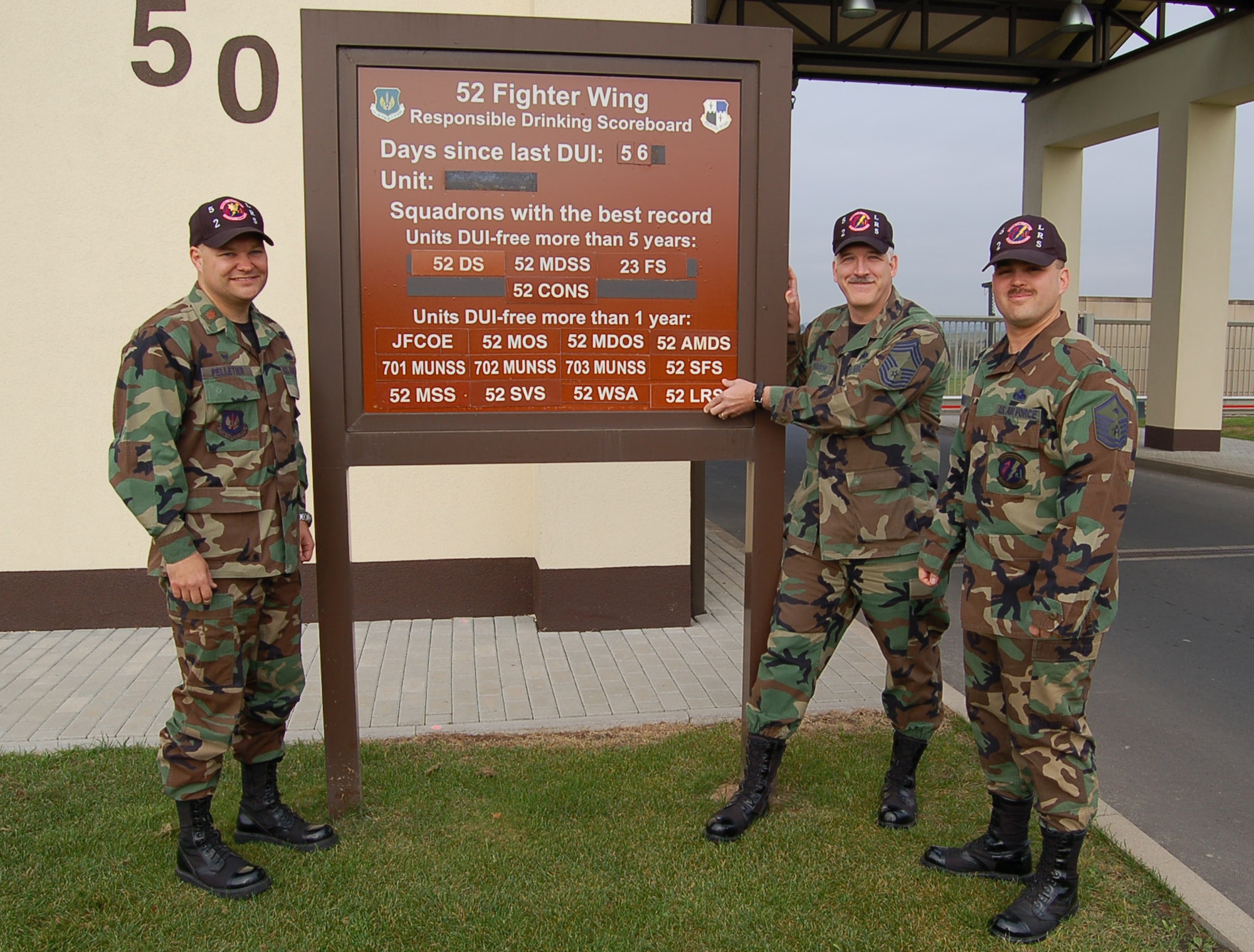 SPANGHDALEM AIR BASE, Germany – Maj. Dana Pelletier, Chief Master Sgt. Michael Bradow and Master Sgt. Norman Correa add the 52nd Logistics Readiness Squadron plaque to the list of squadrons that have gone a year without having a driving while under the influence incident on the 52nd Fighter Wing Responsible Drinking Scoreboard Oct. 15. (U.S. Air Force photo/Staff Sgt. Tammie Moore)