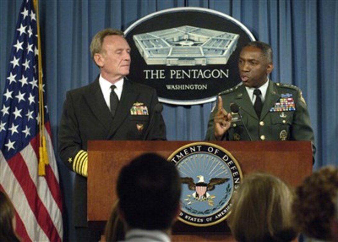 Commander U.S. Naval Forces Europe Adm. Henry Ulrich (left), U.S. Navy, and Commander U.S. Africa Command Lt. Gen. William E. Ward, U.S. Army, brief reporters in the Pentagon on Oct. 15, 2007, on a new maritime education program designed to assist African nations with such issues as maritime domain awareness, maritime law enforcement, and maritime legal and regulatory regimes called Africa Partnership Station.  Two U. S. Navy ships the USS Fort McHenry, a large amphibious ship, and the HSV Swift, a smaller, high-speed vessel, will deploy to the Gulf of Guinea for seven months beginning in November 2007 to act as floating class rooms.  Current plans call for the ships to visit Senegal, Liberia, Ghana, Cameroon, Gabon, and Sao Tome & Principe.  