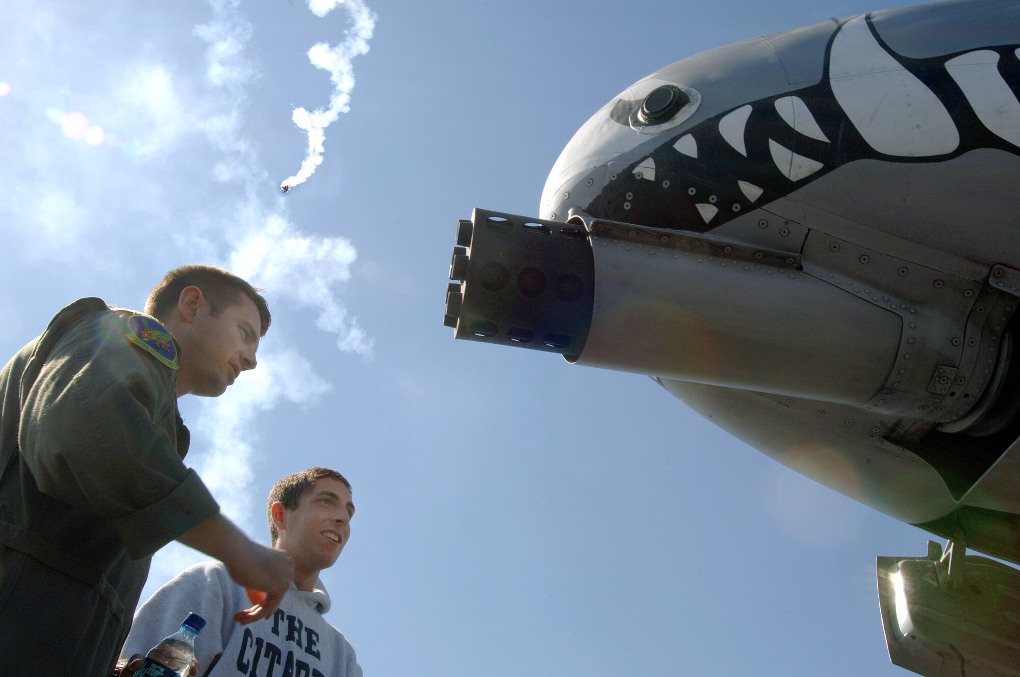 Maj. Jack Bissel talks with 18-year-old Alex Grayson of Peachtree City, Ga., about the  A-10 Thunderbolt II during the Great Georgia Air Show Oct. 13 at Peachtree City, Ga. Mr. Grayson, a senior at McIntosh High School in Peachtree City, hopes to become an A-10 pilot after graduating from The Citadel. Major Bissel is an A-10 pilot with the 47th Fighter Squadron from Barksdale Air Force Base, La. Atlanta is one of six cities throughout the country chosen to host an Air Force Week. The theme for the year is "Heritage to Horizons," celebrating the 60th anniversary of the Air Force, its history and the future of the world's greatest force in air and space. (U.S. Air Force photo/Staff Sgt. Bennie J. Davis III)