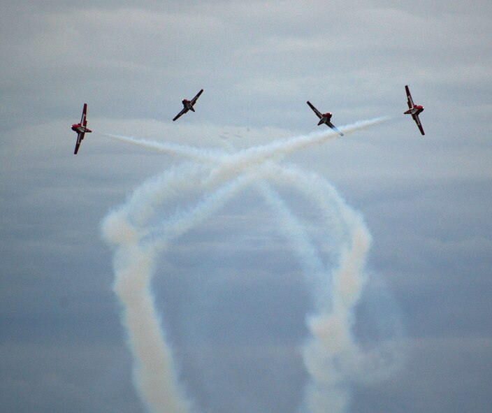 The Canadian Forces Snowbirds aerial demonstration team at the 15 Wing celebrated their end-of-season show with special guests, family and friends Oct. 12 in Moose Jaw, Saskatchewan. The Snowbirds wanted to thank Malmstrom for their efforts in May after one of their pilots died during a practice flight on base, and invited 11 Airmen to their last show of the year. (U.S. Air Force photo/Senior Airman Eydie Sakura).