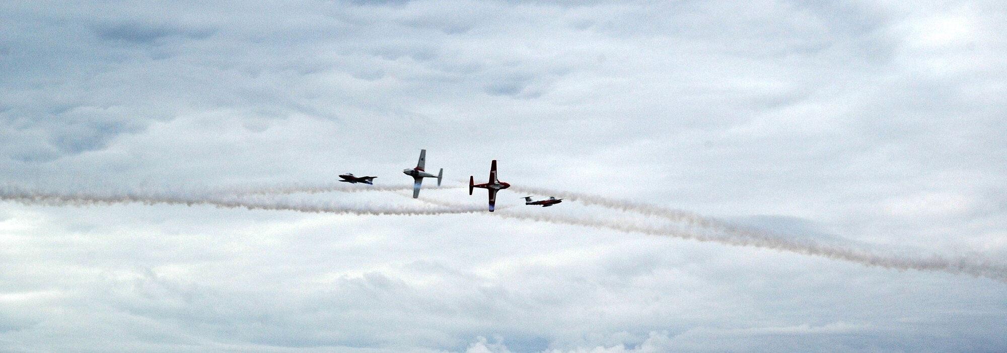 The Canadian Forces Snowbirds aerial demonstration team at the 15 Wing celebrated their end-of-season show with special guests, family and friends Oct. 12 in Moose Jaw, Saskatchewan. The Snowbirds wanted to thank Malmstrom for their efforts in May after one of their pilots died during a practice flight on base, and invited 11 Airmen up for their last show of the year. (U.S. Air Force photo/Senior Airman Eydie Sakura).