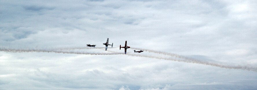 The Canadian Forces Snowbirds aerial demonstration team at the 15 Wing celebrated their end-of-season show with special guests, family and friends Oct. 12 in Moose Jaw, Saskatchewan. The Snowbirds wanted to thank Malmstrom for their efforts in May after one of their pilots died during a practice flight on base, and invited 11 Airmen up for their last show of the year. (U.S. Air Force photo/Senior Airman Eydie Sakura).