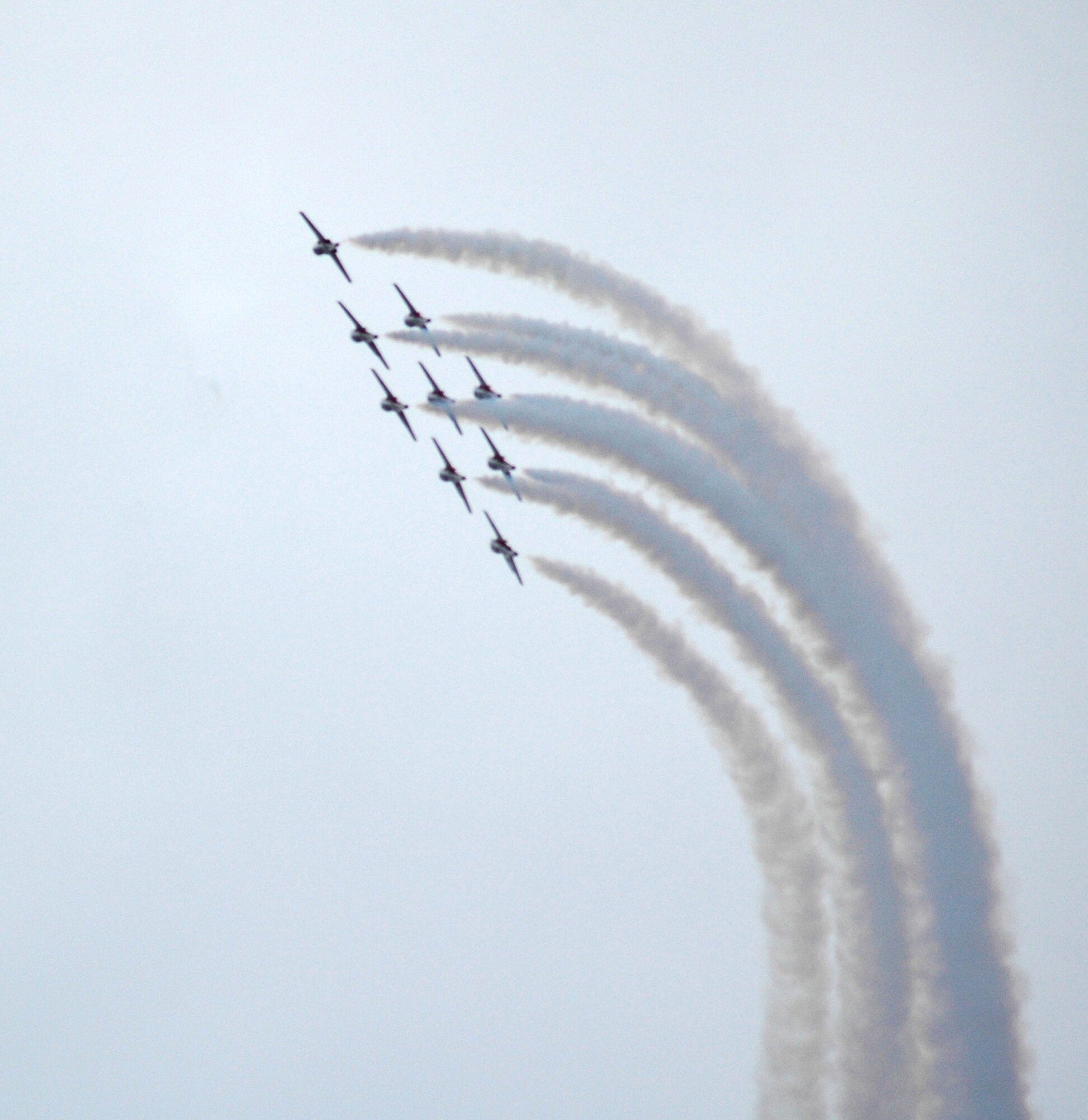 The Canadian Forces Snowbirds aerial demonstration team at the 15 Wing celebrated their end-of-season show with special guests, family and friends Oct. 12 in Moose Jaw, Saskatchewan. The Snowbirds wanted to thank Malmstrom for their efforts in May after one of their pilots died during a practice flight on base, and invited 11 Airmen up for thier final show of the year. (U.S. Air Force photo/Senior Airman Eydie Sakura).