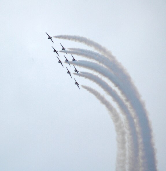 The Canadian Forces Snowbirds aerial demonstration team at the 15 Wing celebrated their end-of-season show with special guests, family and friends Oct. 12 in Moose Jaw, Saskatchewan. The Snowbirds wanted to thank Malmstrom for their efforts in May after one of their pilots died during a practice flight on base, and invited 11 Airmen up for thier final show of the year. (U.S. Air Force photo/Senior Airman Eydie Sakura).