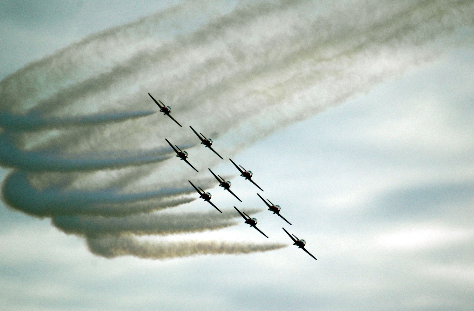 The Canadian Forces Snowbirds aerial demonstration team at the 15 Wing celebrated their end-of-season show with special guests, family and friends Oct. 12 in Moose Jaw, Saskatchewan. The Snowbirds wanted to thank Malmstrom for their efforts in May after one of their pilots died during a practice flight on base, and invited 11 Airmen up for their final show of the year. (U.S. Air Force photo/Senior Airman Eydie Sakura).