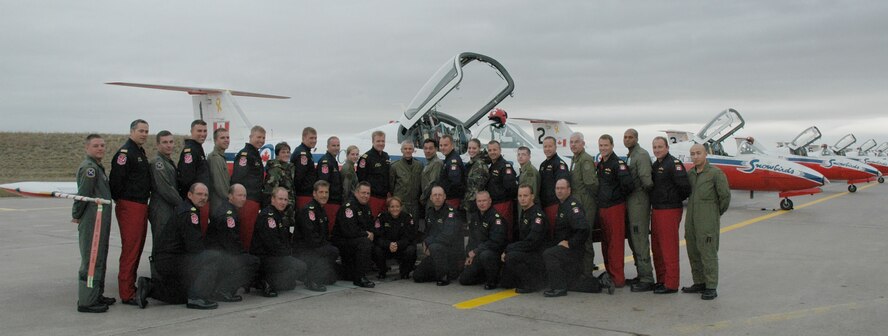 The Canadian Forces Snowbirds aerial demonstration team invited 10 Airmen from Malmstrom and one from the Montana Air National Guard up to Moose Jaw, Saskatchewan, for an incentive flight Oct. 11. The Snowbirds wanted to thank Malmstrom for their efforts in May after one of their pilots died during a practice flight on base. (U.S. Air Force photo/Senior Airman Eydie Sakura).