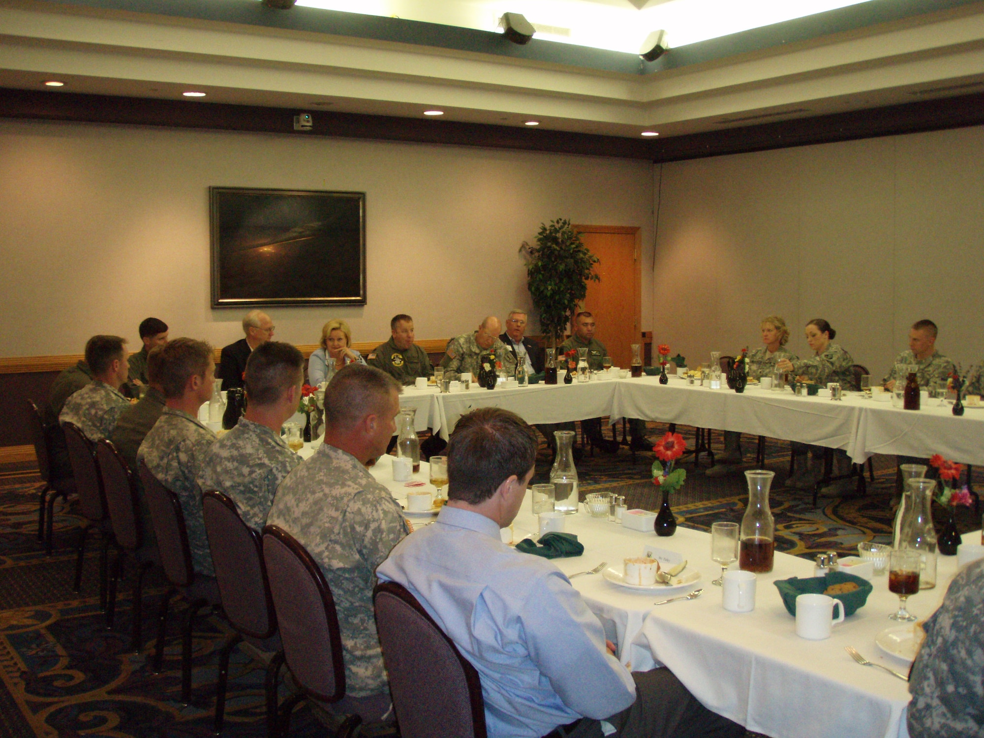 Sen. Claire McCaskill, D-Mo., listens to Missouri National Guard members of the 1-135th Attack Reconnaissance Battalion at a luncheon during her recent visit to Whiteman Air Force Base. (Photo printed with permission of Bethany Buckingham)