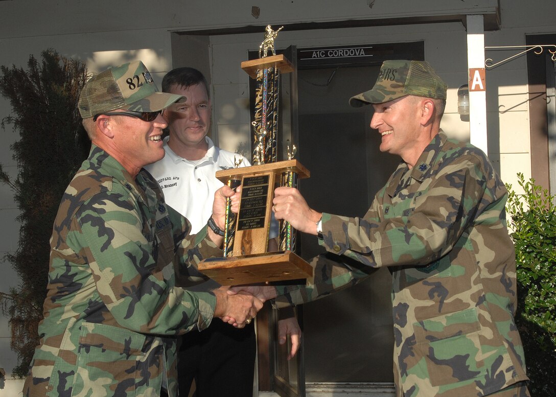 Lt. Col. Curt Van de Walle, 82nd Mission Support Group deputy commander, hands over the Commander's Smokehouse Challenge trophy Oct. 9 to this year's winner Lt. Col. Matthew Harris, commander of the 364th Training Squadron. Capt. Frank Bartek partnered with Colonel Harris to take the trophy from last year's winner, the 82nd MSG. The event coincided with the annual Fire Prevention Week. (U.S. Air Force photo/Lou Anne Sledge)