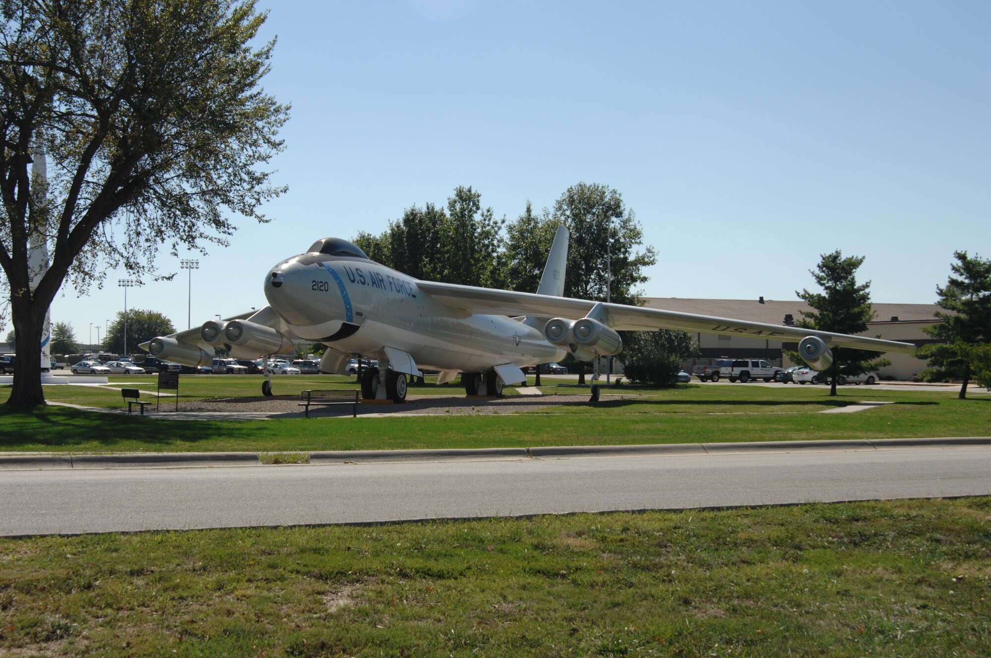 WHITEMAN AIR FORCE BASE, Mo. -- The B-47, the country's first swept-wing bomber, sits on display along Arnold Avenue. The B-47 made its initial flight Dec. 17, 1947 and was delivered to Whiteman in March 1954. When production ended in 1957, more than 1,200 Stratojets were serving with Strategic Air Command at bases throughout the world. By the late 1960’s, the B-47 was obsolete and was removed from operational service. The B-47 normally carried a crew of three - pilot, copilot (who operated the tail turret by remote control), and an observer who also served as navigator, bombardier and radar operator. The B-47B on display was used at Tinker Air Force Base from 1956-1963. (U.S. Air Force photo/Tech. Sgt. Samuel A. Park)
