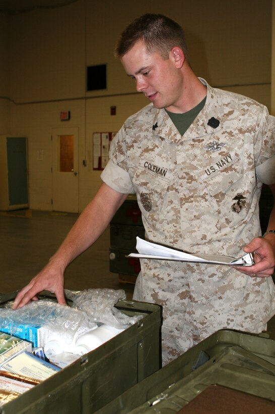 Petty Officer 2nd Class (Fleet Marine Force) Daniel A. Coleman, double checks the contents of a medical supply block.  2nd Medical Logistics Company ensures that all of their medical supplies are ready for units to check out before deployments and training operations. Coleman is the Leading Petty Officer for the Medical Resources Department at MEDLOG, 2nd Supply Battalion, Combat Logistics Regiment 27, 2nd Marine Logistics Group.
