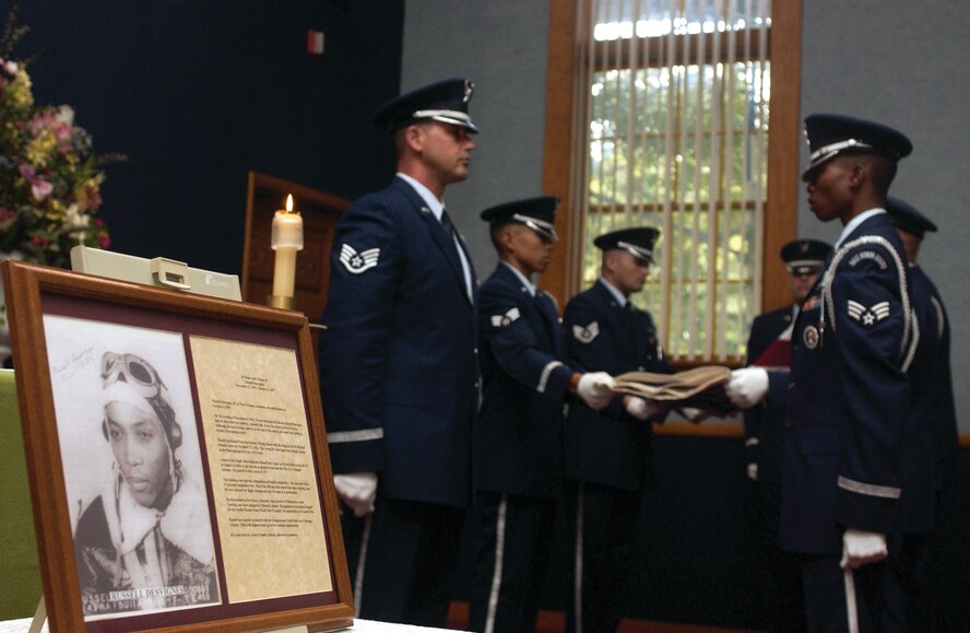 On Saturday, friends, family and military members gathered in the base chapel to say farewell to Russell Desvignes, former Tuskegee Airman and recipient of the Congressional Gold Medal. Mr. Desvignes earned his wings as a bomber pilot on November 17, 1944, in the then-segregated Army Air Corps. He served honorably until 1946. Mr. Desvignes passed away on October 4, at the age of 87. (U.S. Air Force photo by Staff Sgt. Amy Abbott)