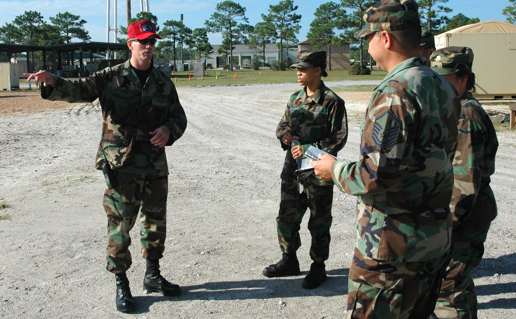 Master Sgt. Dale C. Filsell, services superintendent for Detachment 1 of the Rapid Engineer Deployable Heavy Operational Repair Squadron Engineers, gives an initial briefing to a group of services students at the Silver Flag training area here Oct. 17.  Sergeant Filsell has been at Tyndall for more then 4 years.  (U.S. Air Force photo/Staff Sgt. Timothy R. Capling)