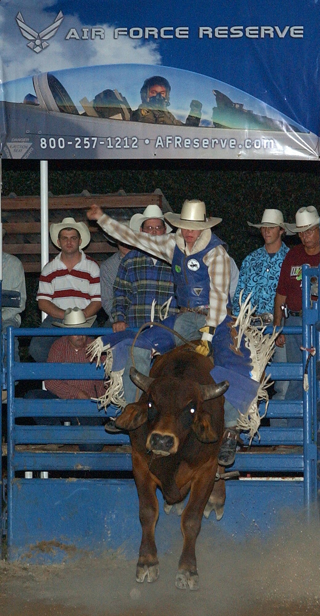 The Air Force Reserve was one of the sponsors for the 2007 Ride for the Brand Rodeo in Helotes, Texas. Chance Glocar goes for an "Eight Second Ride" in the bull riding portion of the Ride For the Brand Rodeo October, 6 in Helotes Texas. The 3-day annual event is sponsored by a committee made up of reservists from the 433rd Airlift Wing, Lackland Air Force Base, Texas, neighboring military units and veterans. Procedes from the rodeo will help local schools, provide scholarships to area high school seniors and to military members and their families. (U.S. Air Force Photo/Alan Boedeker)