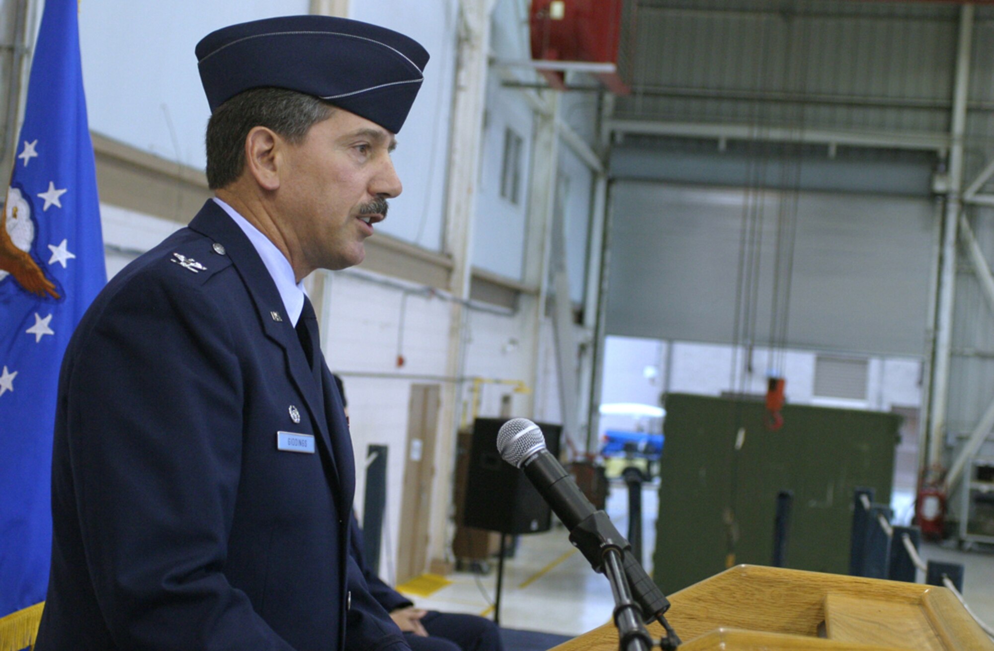 Noting their high level of team spirit and dedication to excellence, the new commander of the 482nd Fighter Wing Maintenance Group, Col. M.J. Giddings Jr. talks to Airmen at his assumption of command ceremony Oct. 14. The colonel also thanked family and friends attending the ceremony as well as offering gratitude to 482nd Fighter Wing Commander Col. Randy Falcon for the leadership opportunity. (U.S. Air Force photo/Tech. Sgt. Paul Dean)
