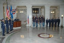 YOUNGSTOWN, Ohio — The Air Force Reserve increased its numbers by an even dozen during a mass enlistment ceremony held October 4 at the Mahoning County Courthouse, downtown here. Colonel Karl McGregor, commander of the 910th Airlift Wing, based at Youngstown Air Reserve Station, administered the oath of enlistment to the 12 new enlistees during the ceremony held in the courthouse's historic rotunda. The audience was comprised up of family, friends, Reservists from the air station and local media. People passing through the rotunda on business also stopped to observe the event. The gathered crowd congratulated the new enlistees and wished them well as they joined their new military family. Most of the future Citizen Airmen will be assigned to the 910th Airlift Wing. The mass enlistment event, organized by the 910th Recruiting Services Flight,  began with the posting of the colors by the 910th Airlift Wing Honor Guard and concluded with an on-site reception for the attendees. U.S. Air Force photo/ Tech. Sgt. Bob Barko Jr. 