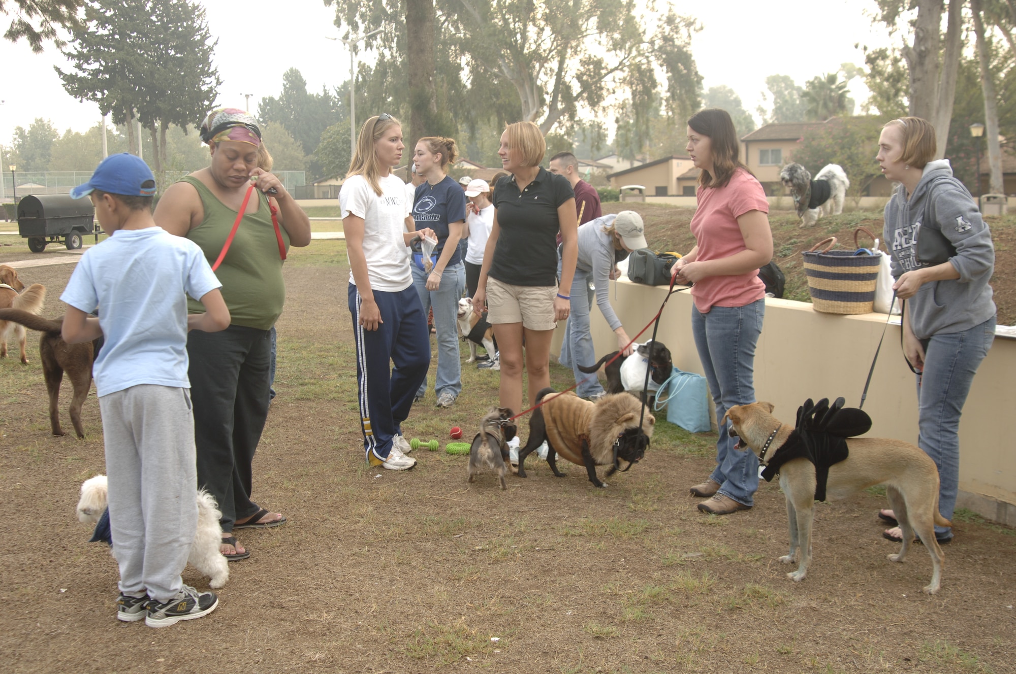 Spiders, lions and bees were all costumes seen at Arkadas Park when more then 20 people showed up with their dogs Oct. 13 for the annual dog costume contest. This is the second year the Incirlik Vet Clinic has hosted the Halloween contest which allows base members to dress up their dogs and let them socialize with other dogs. (U.S. Air Force photo by Senior Airman Tiffany Colburn).